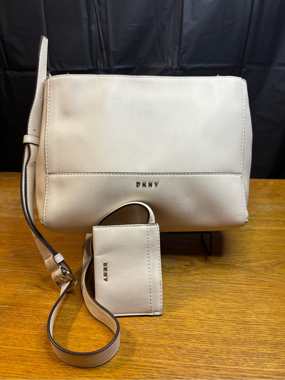 DKNY Cream Leather Crossbody Bag with Matching Card Case